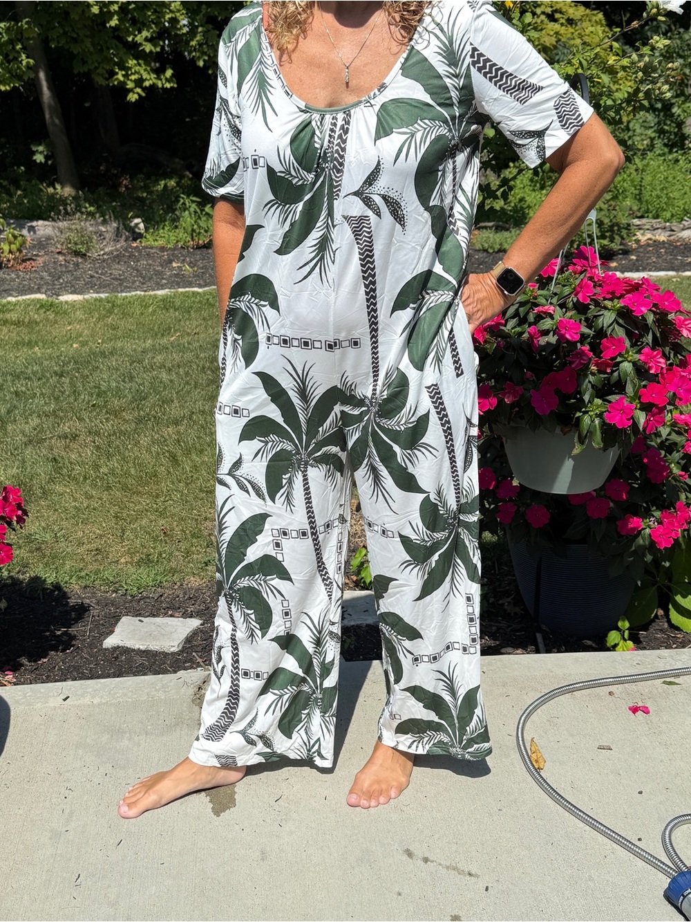 NWOT Small Tropical Palm Print Wide Leg Jumpsuit U Neck Short Sleeve Casual